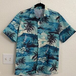 Men's Casual Blue Tropical Print Button-Down Shirt